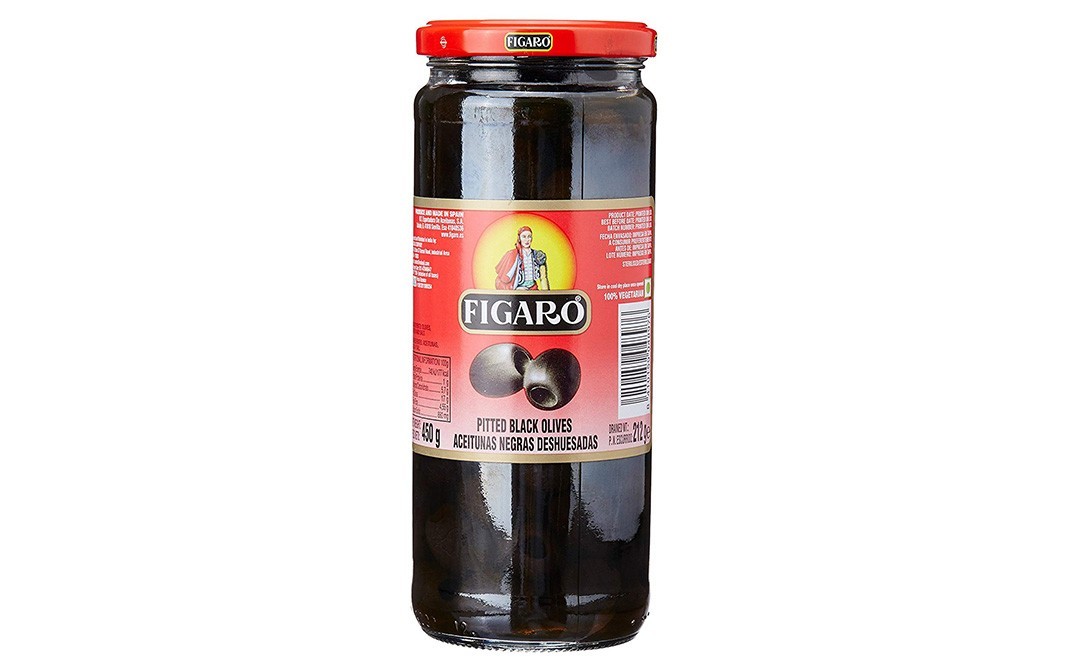 Figaro Pitted Black Olives Aceitunas Negras Deshuesadas   Glass Jar  450 grams